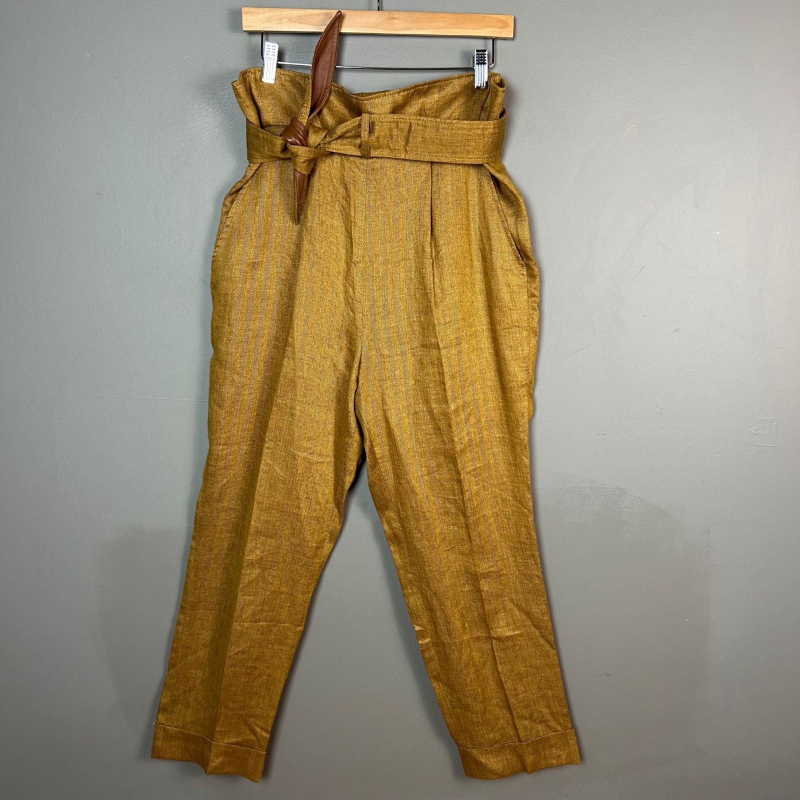Tibi Linen Herringbone Paperbag Pants Size 8 Pants Leather Belt